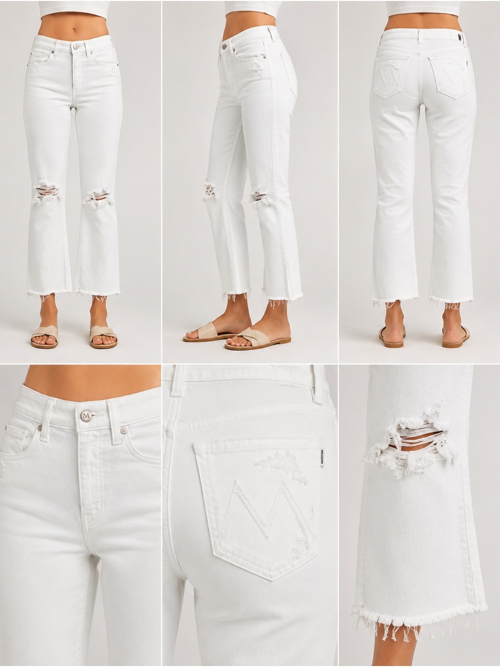 MOTHER White distresses insider step fray  mid -Rise Cropped Distressed Jeans